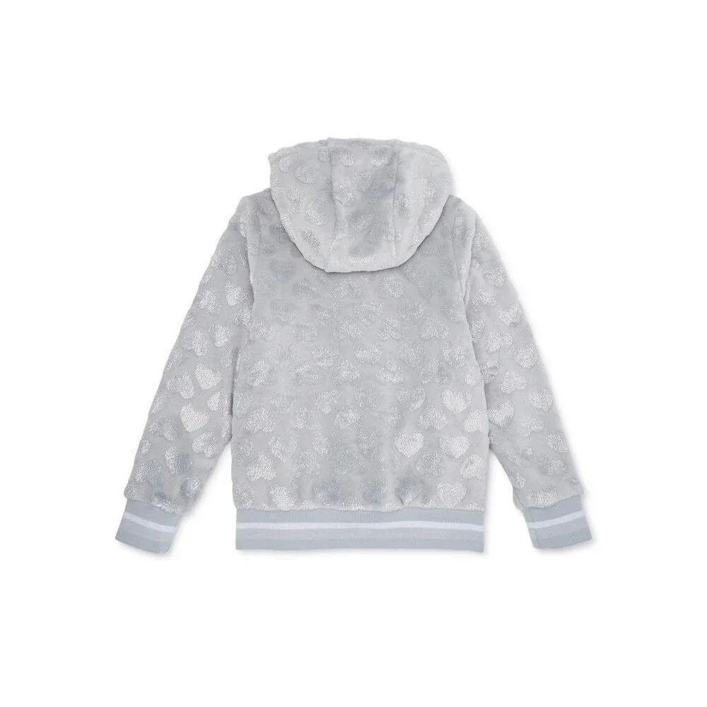 NEW Girls Sz XS (4-5) Sparkly Silver Hearts Soft Plush Full Zip Hooded Jacket